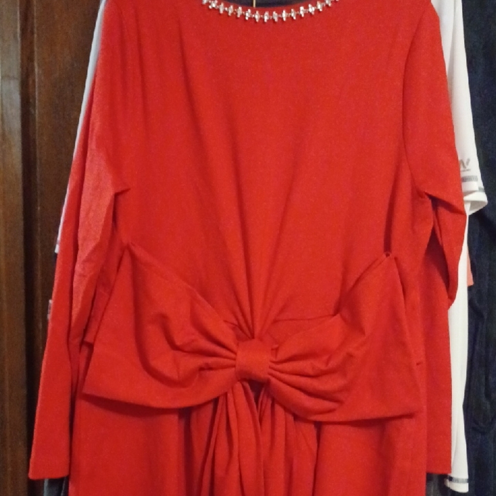 Eloquii Red Long Sleeve Dress with Embellished Neckline - Picture 4 of 10